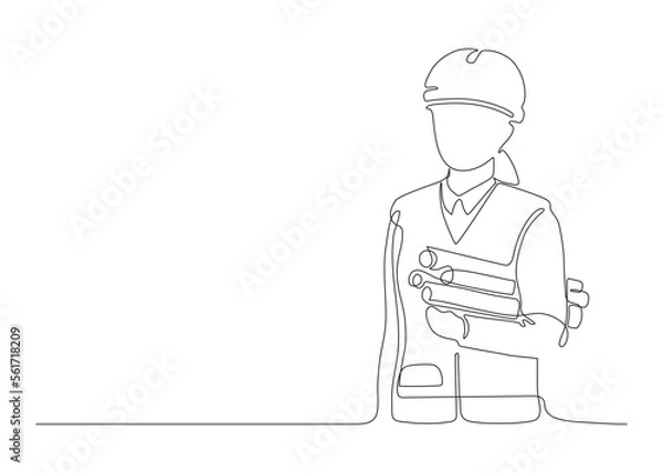 Fototapeta Woman architect builder holding blueprint paper in arm, single continuous line drawing. Professional worker in helmet. Plan of building construction on paper. Minimalism one art line draw. Vector