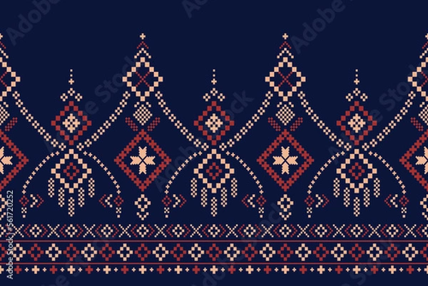 Fototapeta Indigo navy blue geometric traditional ethnic pattern Ikat seamless pattern border abstract design for fabric print cloth dress carpet curtains and sarong Aztec African Indian Indonesian 