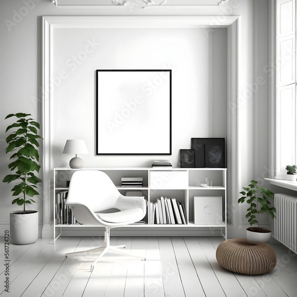 Fototapeta Elegant living room interior with framed art print above a gray sofa, glass coffee table, bookshelf & natural light. Ideal for showcasing interior design and home decor products, art and photography p