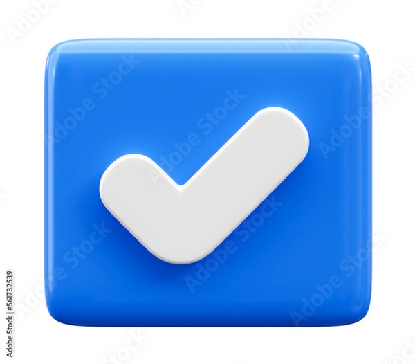 Obraz Blue check mark box 3d icon isolated on illustration symbol png background of correct checkmark web button concept or tick checklist approved checkbox sign and confirm accept answer agreement option.