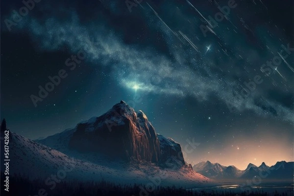 Fototapeta Meteor shower at night on mountain background. Generative AI