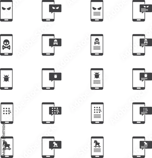 Obraz Malware notification on mobile phone. Virus, malware, email fraud, e-mail spam, phishing scam, hacker attack concept. Vector illustration. Icons set.