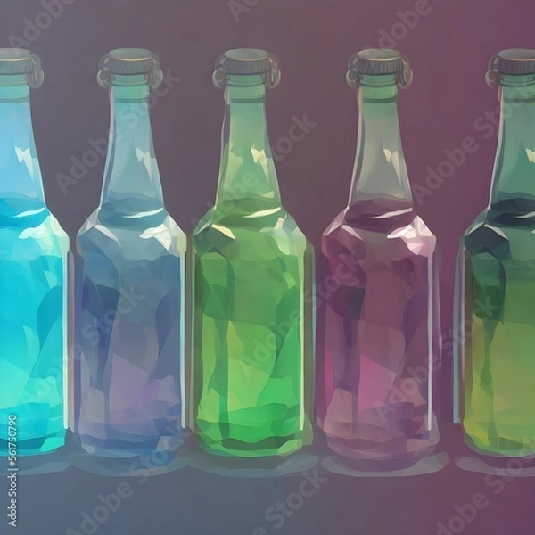 Obraz Glass bottles, low poly, collection of transparent bottles. Generative AI.