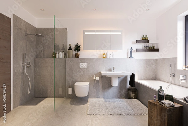 Obraz modern bathroom in apartment interior with tiles and furniture