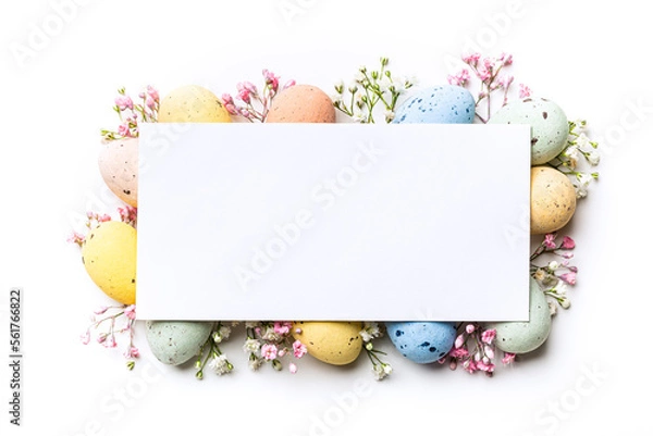 Fototapeta Easter composition of Easter quail eggs, flowers, paper blank over white background. Spring holidays concept with copy space. Top view