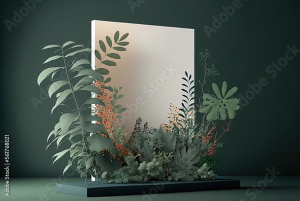 Fototapeta Frame, cover, card, or postcard with a discrete botanical background and a shadow on the wall. Exhibition podium, stand, on a soft, architecturally themed background for a premium good. Generative AI