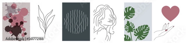 Fototapeta Collection of simple modern abstractions: a linear minimalistic portrait of a girl, a hand with a heart, monstera leaves, a plant silhouette, a circle and blots on a colored background