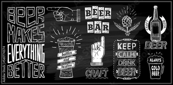 Obraz Chalk beer menu board quote phrases set - beer make everything better, keep calm drink beer