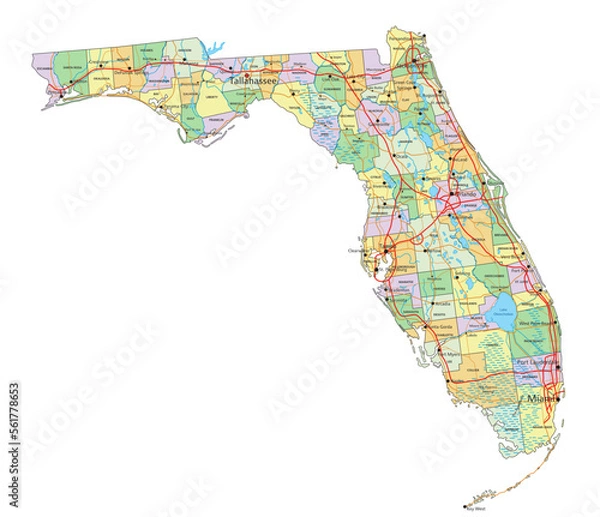 Fototapeta Florida - Highly detailed editable political map with labeling.