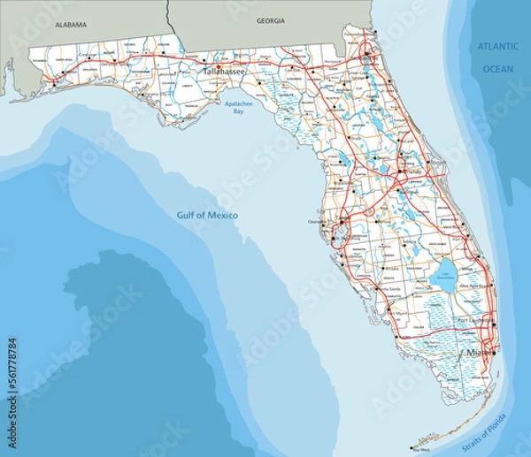 Fototapeta High detailed Florida road map with labeling.