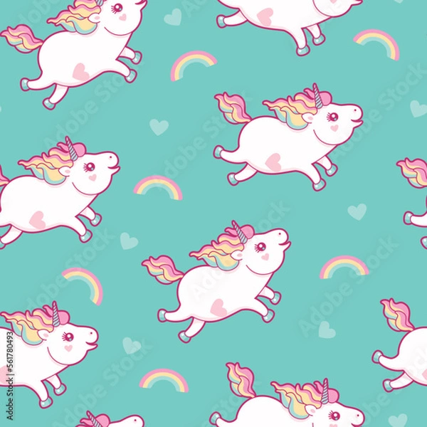 Fototapeta Seamless pattern with cute unicorns and rainbow