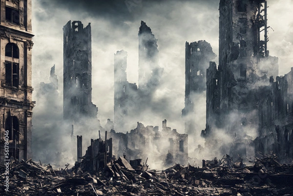 Obraz view of destroyed by war city ruins of buildings and smoke in air, generative AI
