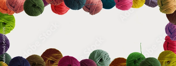 Fototapeta Balls of wool multicolored yarn for hand knitting and crochet on white background. Mock up, flat lay, copy space, banner	
