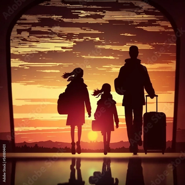 Fototapeta Silhouette of a family going on vacation. Generative AI.