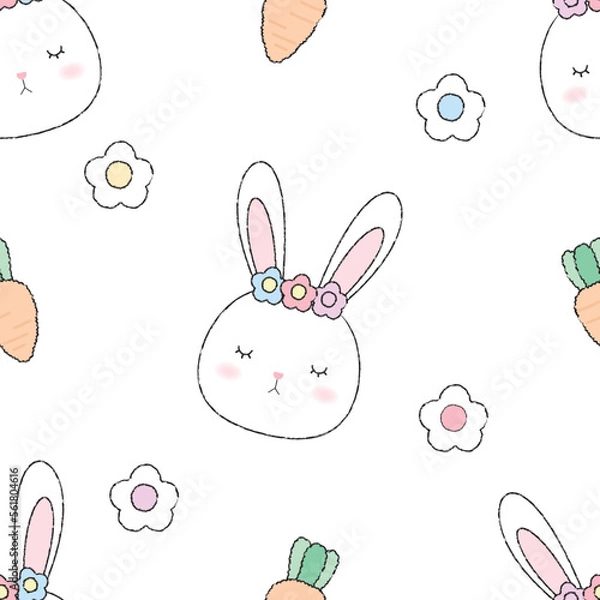 Obraz Cute seamless pattern bunny and carrot. Cute rabbit head decorate with cute carrots and flowers. This pattern is designed for fabric printing. and other print media.