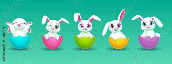 Fototapeta Cartoon cute white Easter bunnies in the eggs.