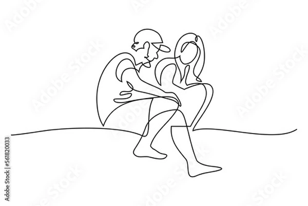 Obraz Man talking with a woman in continuous line art drawing style. Two people rest and communicate. Black linear sketch isolated on white background. Vector illustration