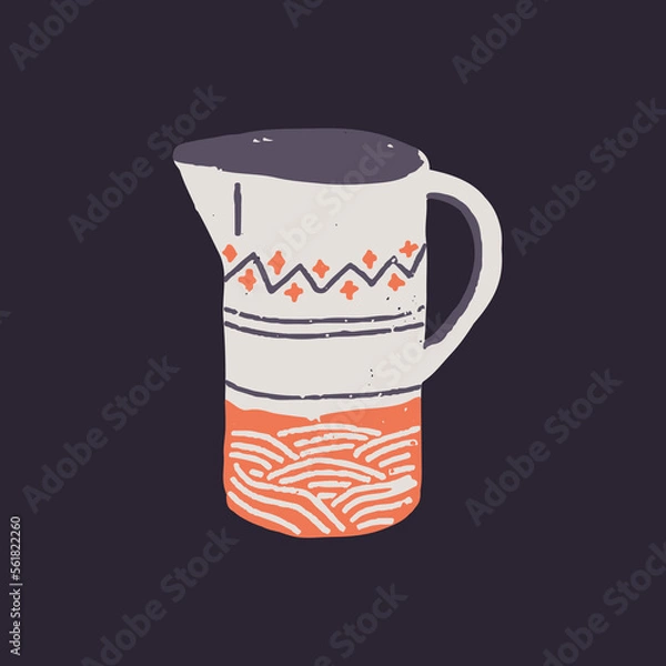 Fototapeta Ceramic pitcher. Handmade jug, crock in country style. Painted pottery, stoneware, ceramics with rustic ornament. Hand-made trendy kitchenware, ewer with pattern. Isolated flat vector illustration