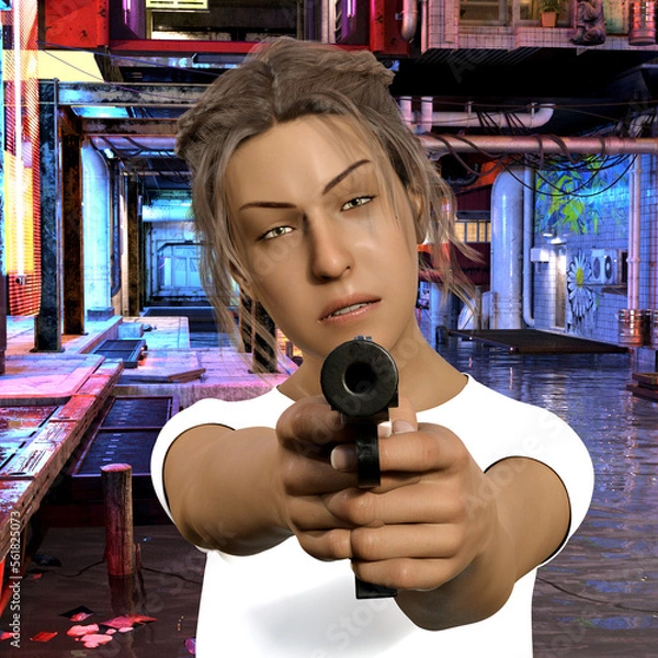 Fototapeta Illustration of a determined looking woman holding a gun pointed straight forward inside an underground facility with flowing water and graffiti.