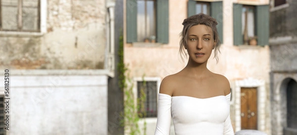 Fototapeta Illustration of a woman wearing a white top with pierced nose and lip ring looking forward with old buildings in the background.