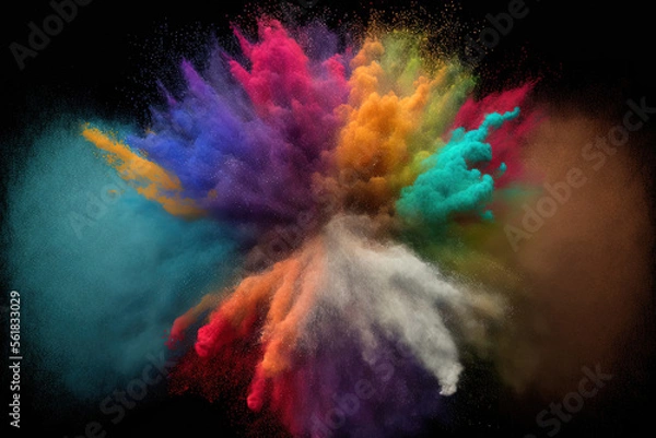 Obraz An abstract burst of colourful dust against a dark background. Multicolored glitter texture, abstract powder background, and freeze motion of white powder exploding throwing color powder. Generative
