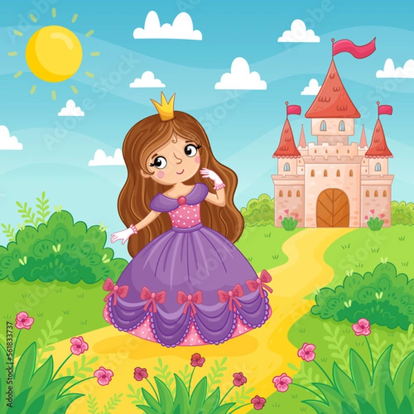 Fototapeta Cute little girl and princess in a purple beautiful dress stand on a background of a castle in a green meadow. Vector illustration in a cartoon style.