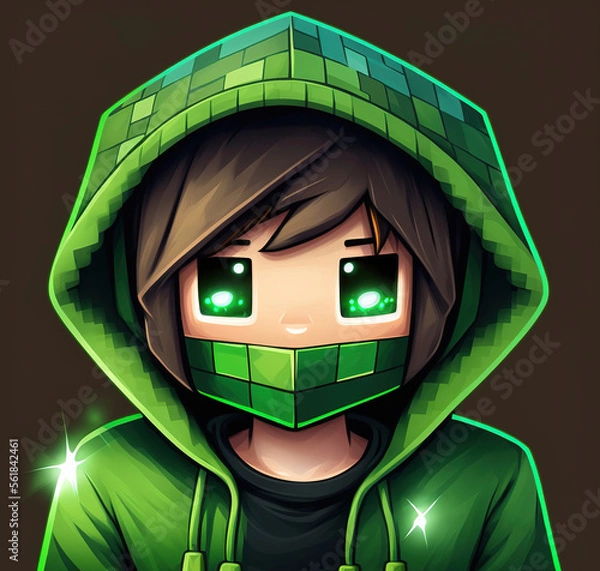 Obraz Boy character with green eyes and a green hoodie from minecraft, ai art