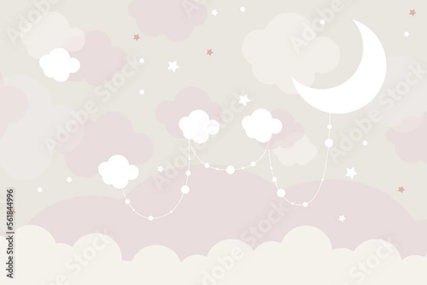 Obraz Vector hand drawn childish 3d wallpaper with clouds. Aerial white clouds, stars and dots . Lovely wallpaper for the kids room.	