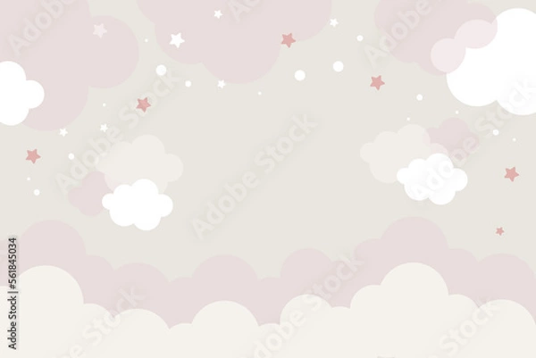 Obraz Vector hand drawn childish 3d wallpaper with clouds. Aerial white clouds, stars and dots on a blue background. Lovely wallpaper for the kids room.	