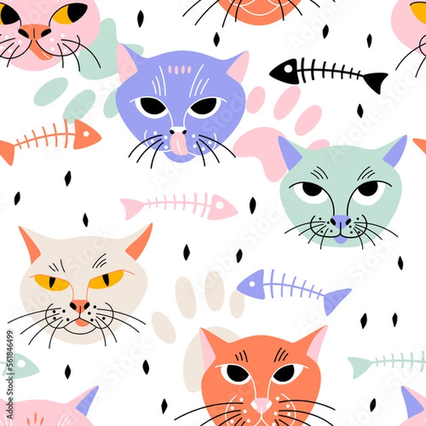 Fototapeta Funny hand drawn cat faces on white background with abstract decor. Vector seamless pattern with colorful modern animals.