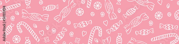 Obraz Candies doodle seamless pattern. Hand drawn sweets on pink background. Vector illustration.