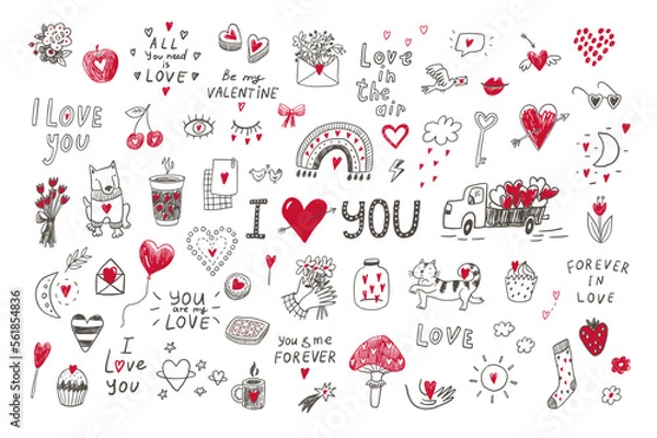 Fototapeta Valentine's day love doodle objects line vector illustrations set.