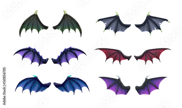 Obraz Dragon, devil, bat wings set. Isolated vector icon