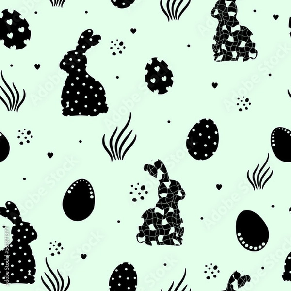 Obraz Easter seamless pattern with Easter eggs and rabbit. Festive decorative abstract print. Packaging template, graphic design, wrapping paper, textiles and wallpapers.