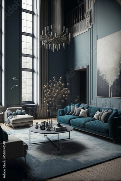 Fototapeta A modern living room, in a minimalist millenium crib, high ceiling and filled with warm blue and khaki colour as the wall blend in with the design of the furniture.	