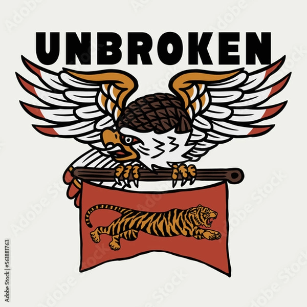 Fototapeta Wings Open Eagle and Jumping Tiger Tattoo Style Illustration Artwork with Unbroken Slogan on White Background for Apparel and Other Uses
