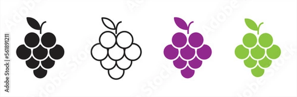 Fototapeta Grape icon. Grape icon set. Grape Icon Food Fruits. Different wine grapes. Bunch of grapes in simple flat style. Grape symbol and sign. Vector illustration.
