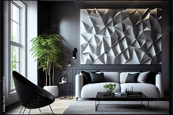 Fototapeta A 3D rendering of an interior design concept and modern living room with a wall background.. Generative AI