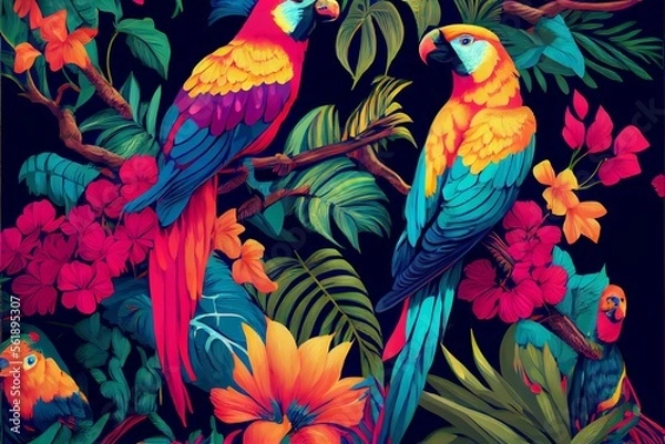 Fototapeta tropical pattern with parrots and flowers in bright colors. Generative AI