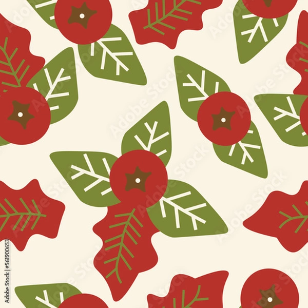 Fototapeta Leaves and berries doodle vector seamless repeat pattern