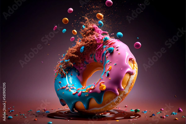 Fototapeta Colored Sweet Donuts, in chocolate and caramel, splash of chocolate and caramel, Generative ai