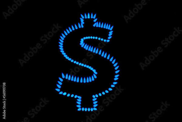 Obraz High temperature blue gas flame forms the dollar sign isolated on black background. Illustration of the concept of domestic gas prices rising