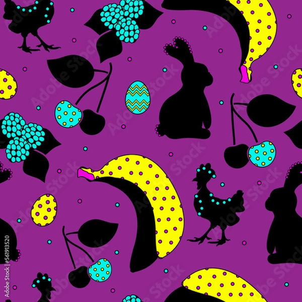 Obraz Easter seamless pattern with hen, rabbit, easter eggs and fruit. Pop art style. Festive decorative print. Packaging template, graphic design, wrapping paper, textile and wallpaper.