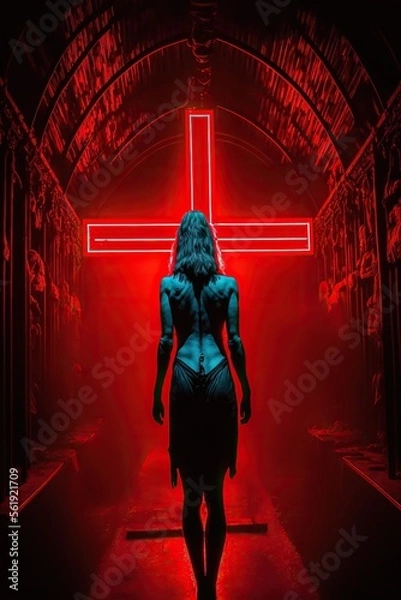 Fototapeta An image of a chamber of horror in a dark urban night club, featuring red neon lights, a beautiful female figure in front of cross, with bare skin, and red liquid on the floor. Generative AI.