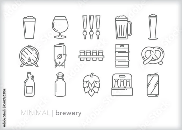Fototapeta Set of brewery line icons of beer, brewing, taps and kegs