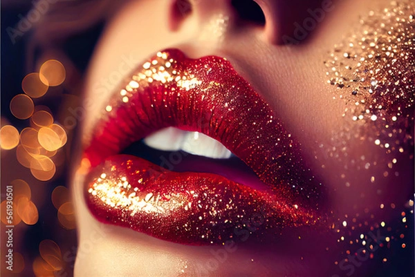 Fototapeta Shimmering, glittery women's lips - Generative AI image made to look like photorealistic macro photograph of lusciously red lips with glittery lipstick and makeup