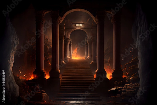 Fototapeta The eternal fire, dark atmospheric landscape with stairs to ancient columns and font of fire, fantasy background