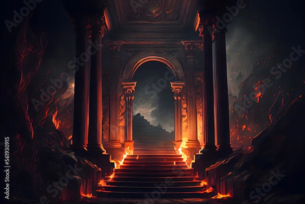 Fototapeta The eternal fire, dark atmospheric landscape with stairs to ancient columns and font of fire, fantasy background