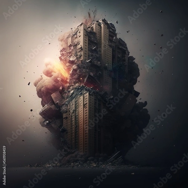 Fototapeta A rocket hit the house. The house is blown up. Fire. Crash. War. Created with Generative AI technology