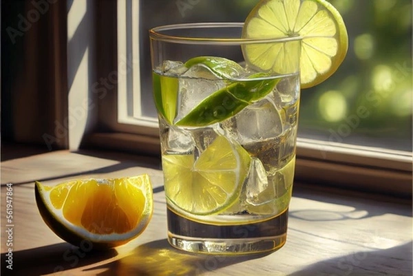 Fototapeta Glass with lime juice and ice cubes with a slice of lemon on a sunny morning. AI generated art illustration.